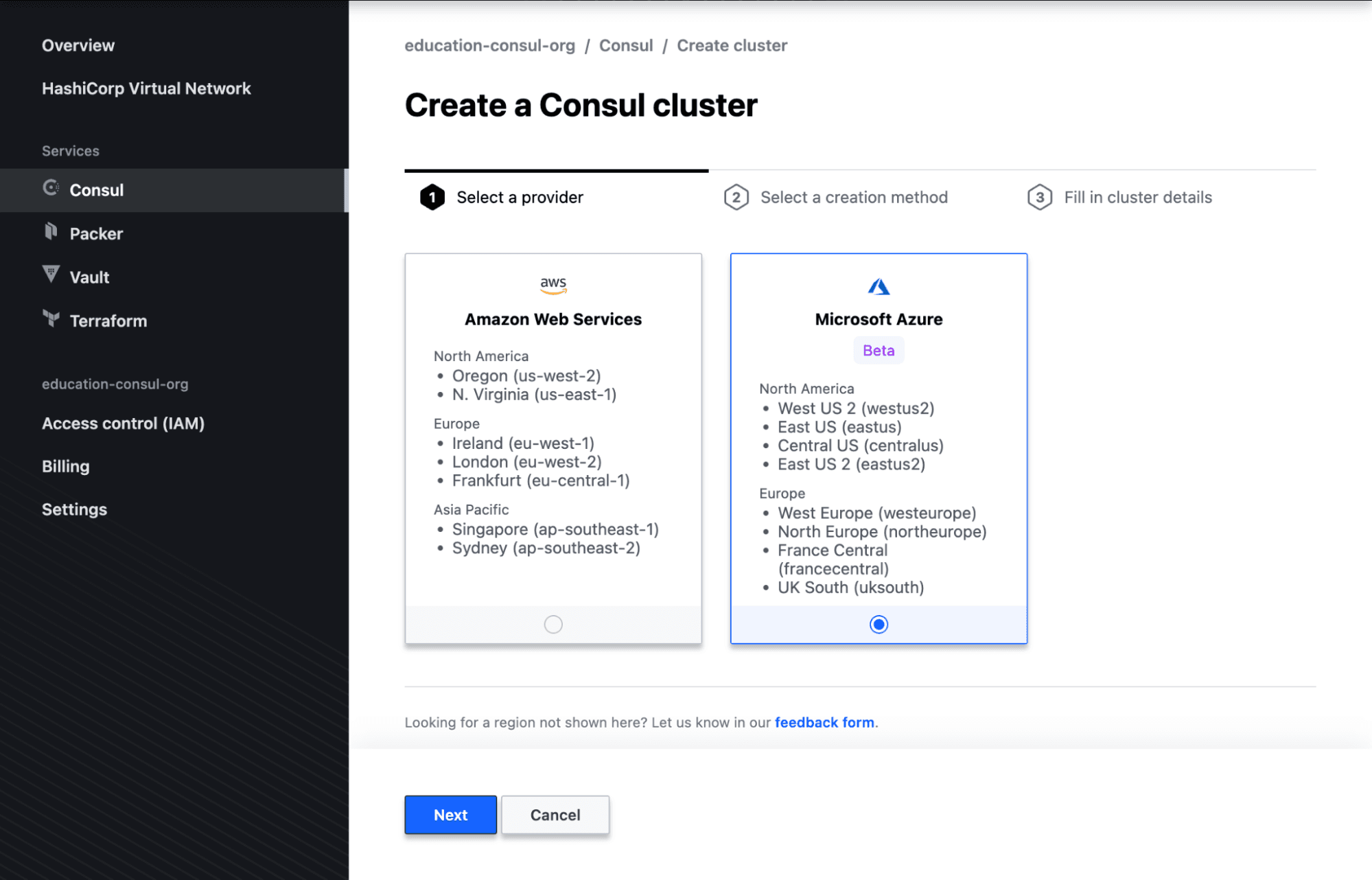 HCP UI Consul - Create HCP Consul Dedicated cluster
Azure