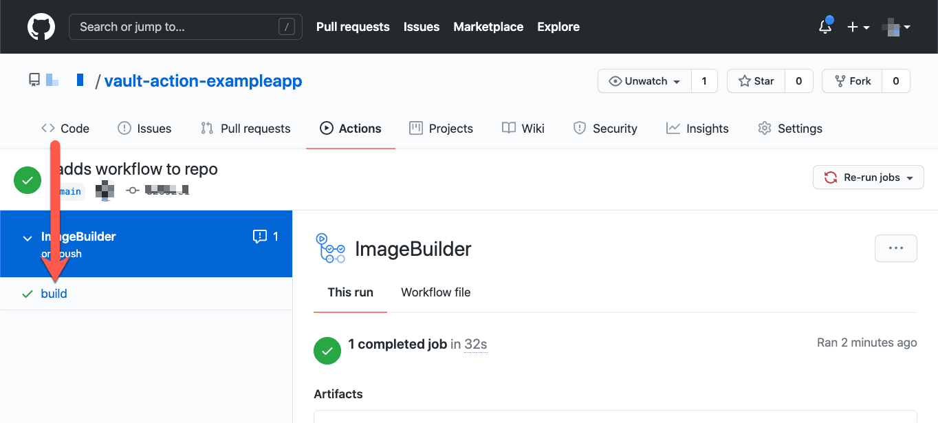 GitHub repo actions result build job