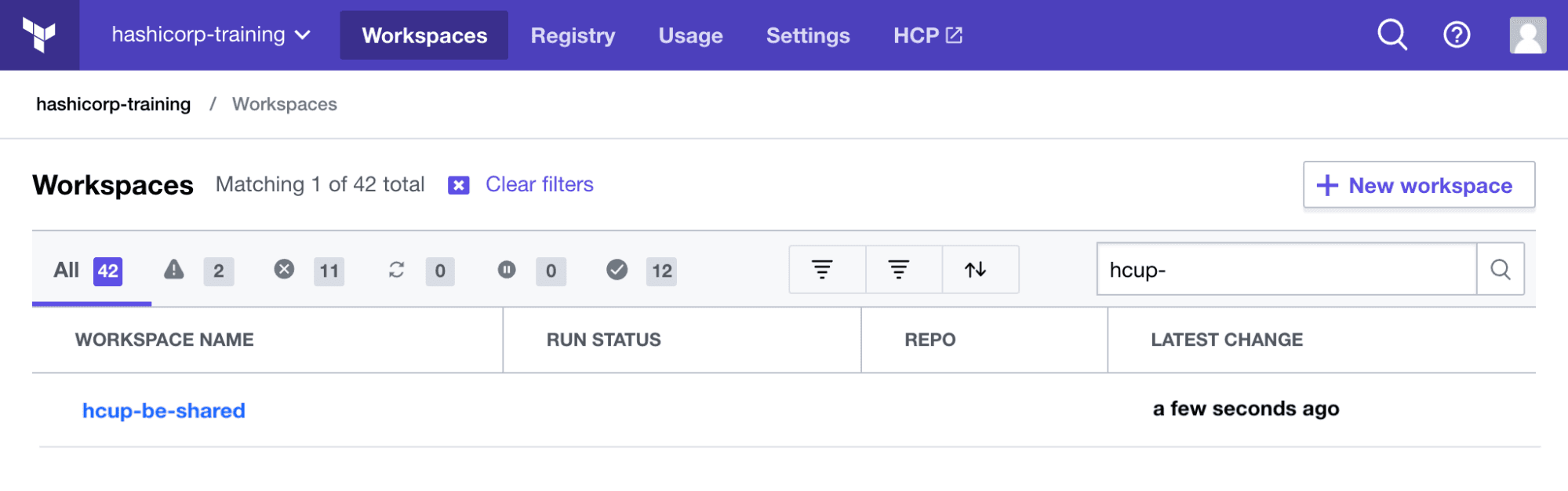 The `hcup-be-shared` workspace is present in HCP Terraform