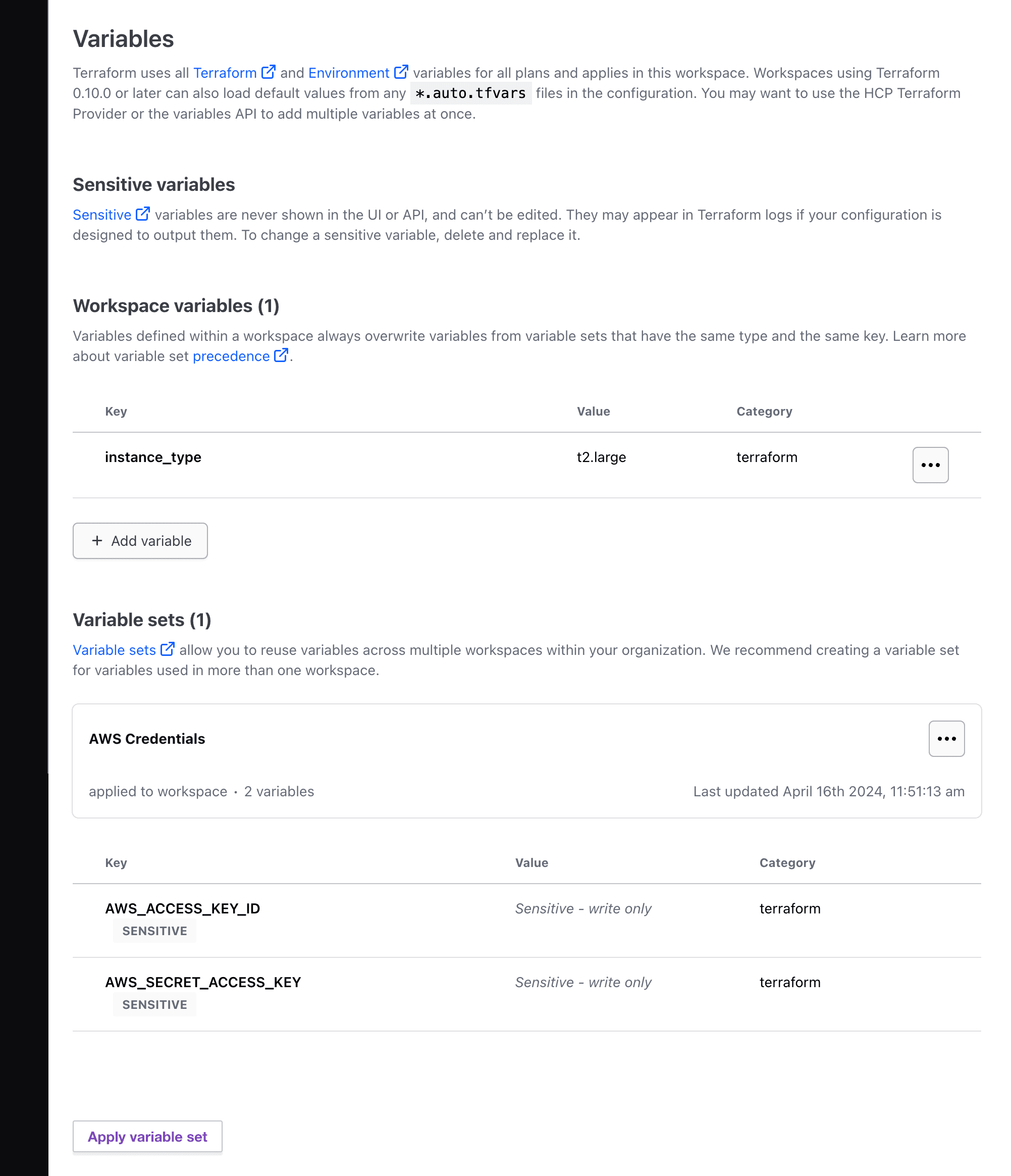 HCP Terraform workspace variables